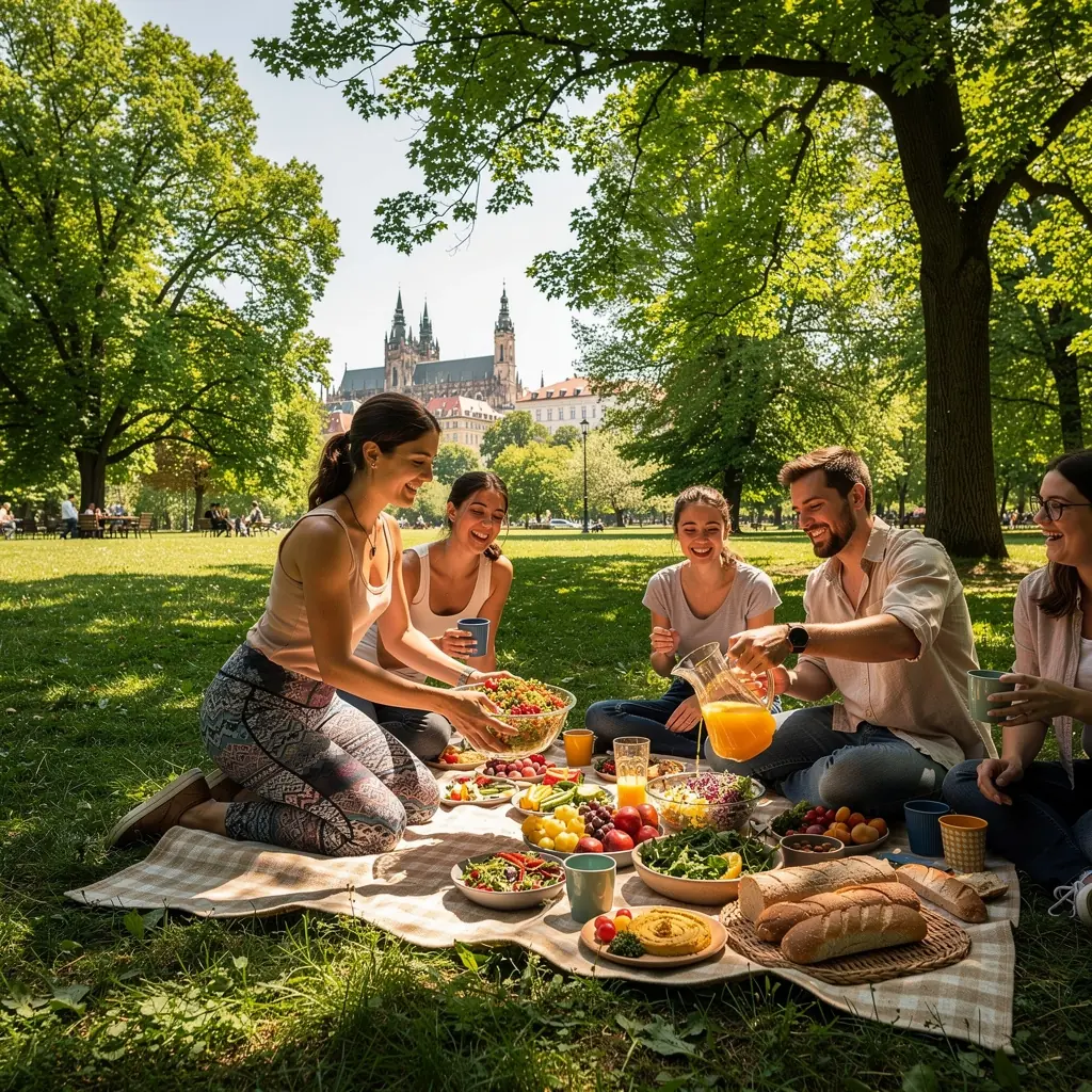 SnГ­danД› s ovocem a jogurtem na dЕ™evД›nГ©m stole.